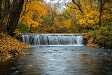 a peaceful autumn scene with a river flowing lazily towards a small waterfall, surrounded by a forest of yellow and orange trees, with a few fallen leaves scattered on the riverbank