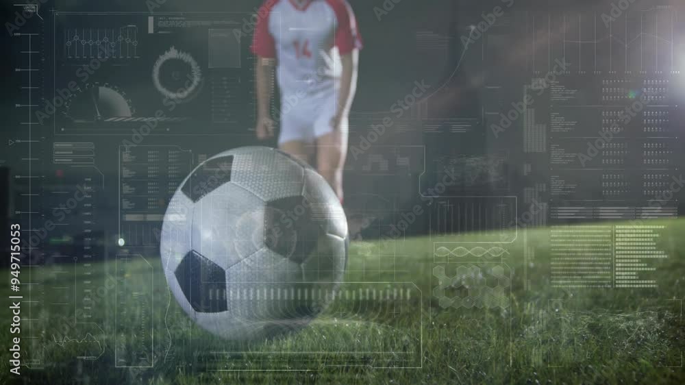 Poster soccer player approaching ball with data processing animation over grassy field