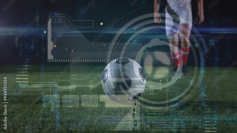 Poster soccer ball and player with digital interface animation over field