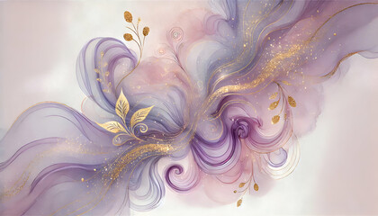 Liquify abstract watercolor background with empty space for text. Pastel decorated  with gold  and glitters wallpaper.