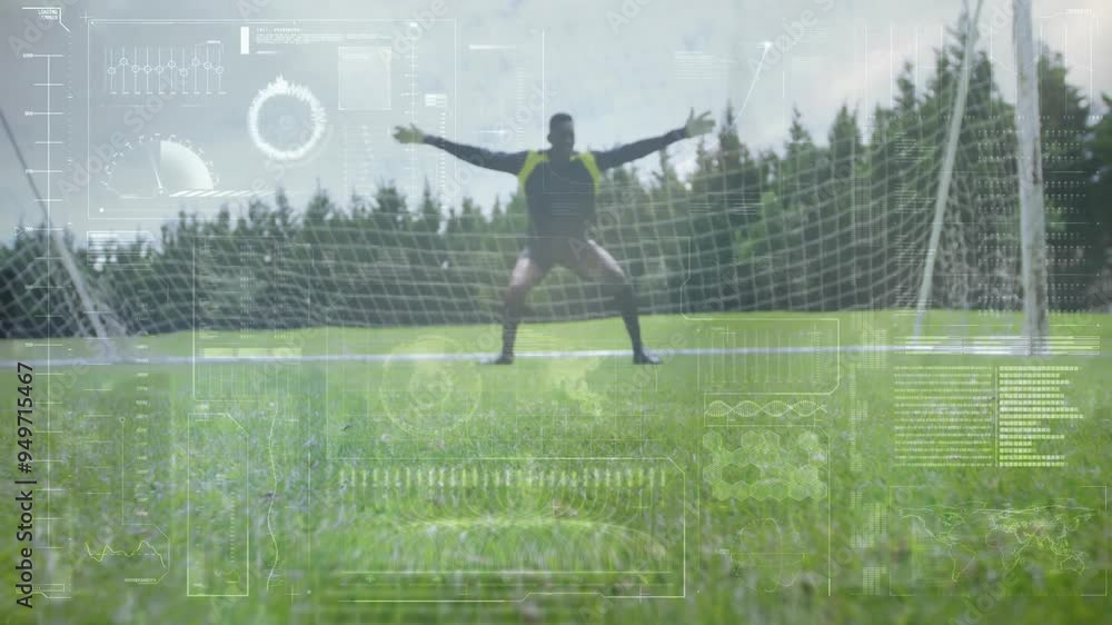 Poster soccer player kicking ball with data processing animation over grassy field