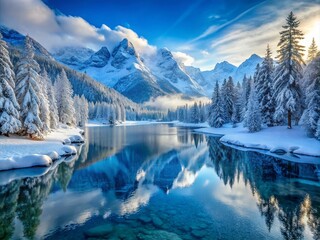 FrozenLandscapeAdventures capturing breathtaking snow-capped mountains, misty forests, and frozen lakes, exuding a sense of crisp adventure and winter wonderland magic in icy blues and whites.