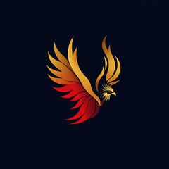 Naklejka premium A stylized golden and red phoenix logo with elegant wings against a dark background.