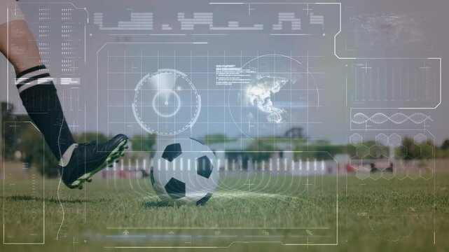 Kicking soccer ball, player with data analysis animation over grassy field