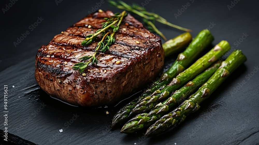 Poster Grilled Fillet Mignon Steak with roasted asparagus Black background Top view : Generative AI