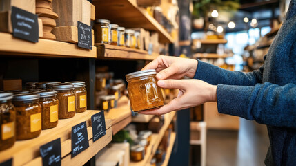 Person holding a jar of honey in a specialty food store. Shelves are stocked with various jars of honey and other products, with chalkboard labels.