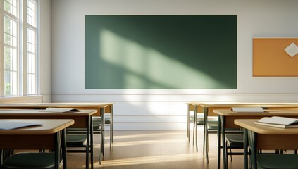 An empty school classroom with desks and chairs