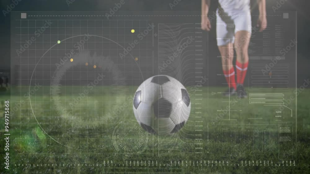 Poster soccer ball on field with data analysis animation over player in background