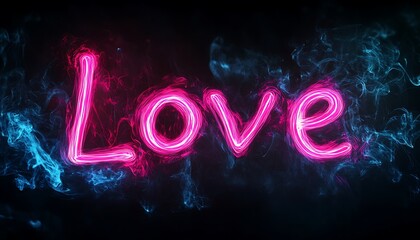 Romantic Love written in vibrant neon pink and blue smoke, creating a glowing effect on a black background with intricate light painting details.