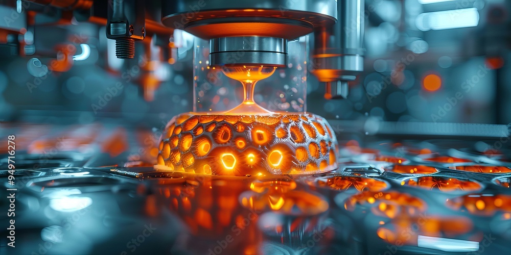 Poster 3d printer fabricating a glowing, intricate object with a honeycomb pattern in a high-tech industria