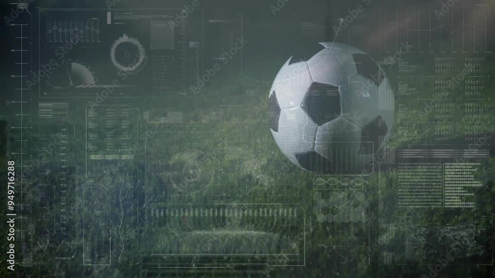 Poster soccer ball with data processing animation over green field background