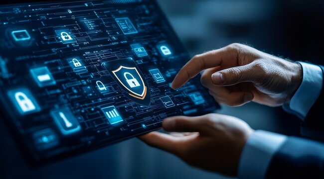 An engineer holding a virtual shield with a padlock and security icons