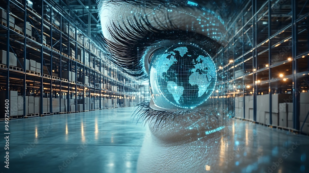 Aufkleber image of eye graphs loading circles and globes over empty warehouse digital composite multiple expos