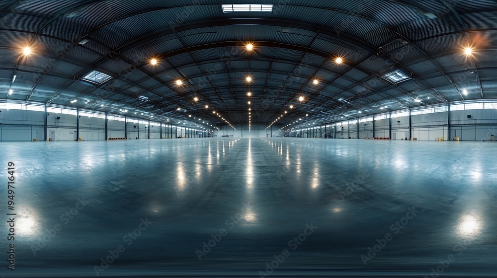 Poster full seamless spherical hdri panorama 360 degrees in interior of large empty room as warehouse hanga