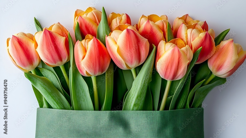 Poster tulip spring flowers in green bag isolated on white background floral composition with beautiful fre