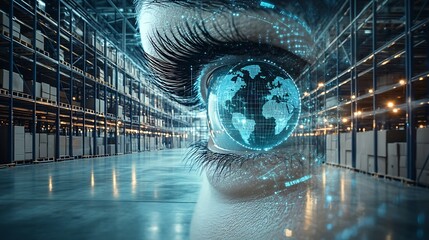 Image of eye graphs loading circles and globes over empty warehouse Digital composite multiple exposure report business progress globalization and distribution concept : Generative AI