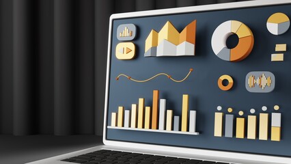 Elements of the data analysis interface on a laptop screen standing at an angle, close-up. Dashboard for SEO, business analysis, infographics and research in orange and grey tones on dark background
