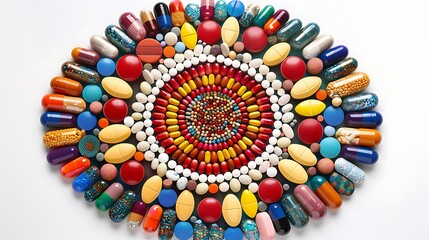 A mandala made from a variety of colorful pills, vibrant colors, intricate design, symmetrical composition, sharp details, clean white background, bright lighting, hd quality, natural look.