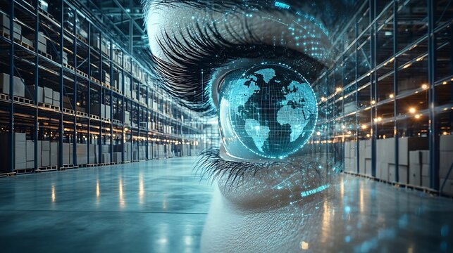 Image of eye graphs loading circles and globes over empty warehouse Digital composite multiple exposure report business progress globalization and distribution concept : Generative AI