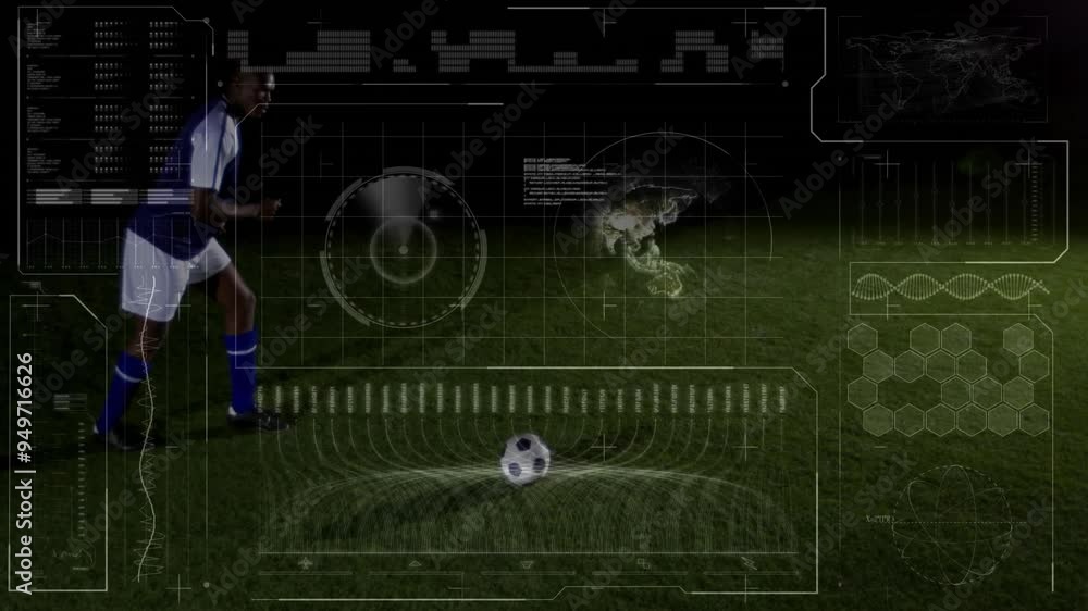 Poster soccer player running towards ball, data analysis animation over green field