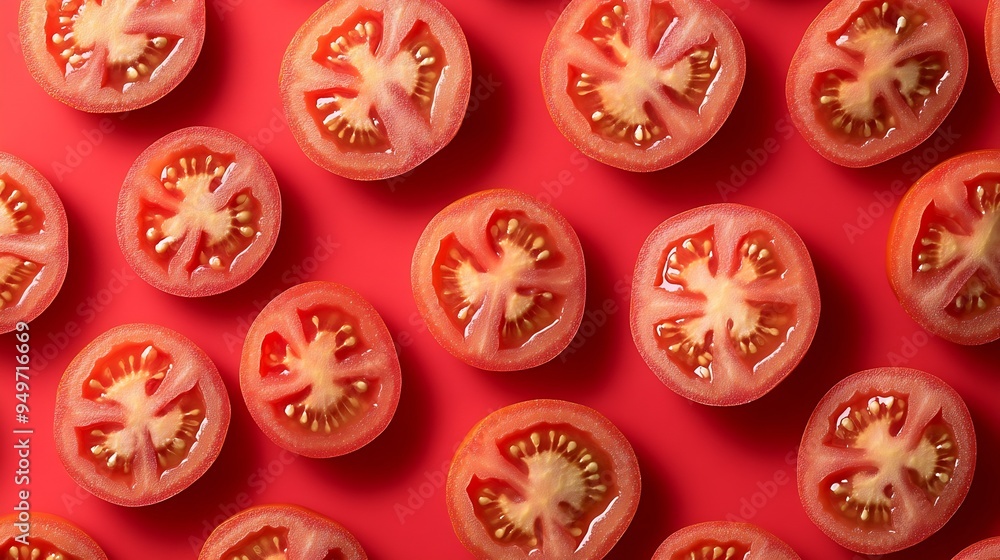Poster seamless pattern from slices of ripe tomatoes on a red background : generative ai