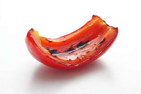 a single, perfectly grilled slice of red bell pepper, isolated on a clean white surface, with a subtle shadow underneath