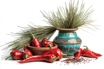 Fototapeta premium a still life of red peppers, turquoise pottery, and a sprinkle of piã±on pine needles on a traditional santa fe-style table illustration