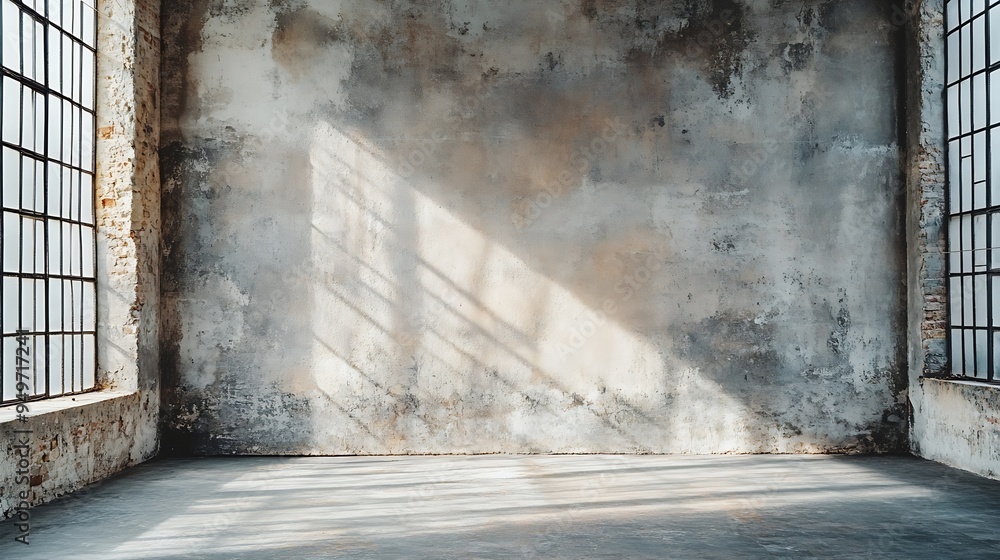 Poster empty warehouse room with grungy stucco concrete wall floor room as background corner of old grunge 