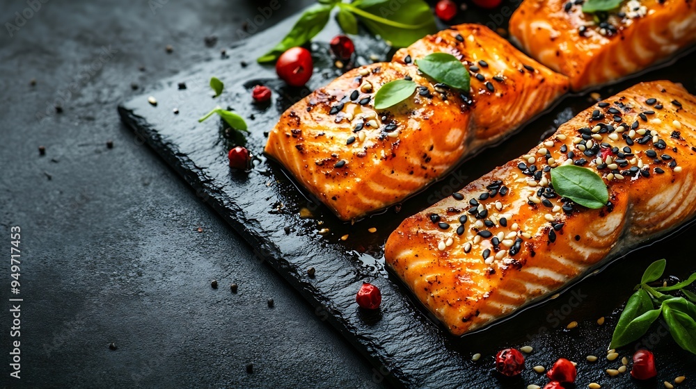 Poster delicious red salmon fish grilled with sauce and sesame seeds with rice vegetables spices and herbs 