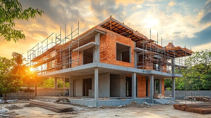 Under construction House or VillasVillas with Concreate Block or bricksExterior view of 02 story under construction house with modern design under construction Home or house : Generative AI