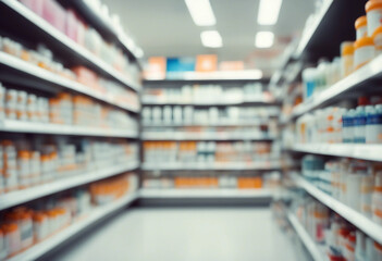 Fototapeta premium Pharmacy drugstore shelves interior blurred abstract background with copy space