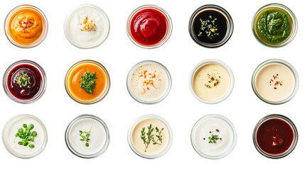 A row of white bowls with different colored sauces