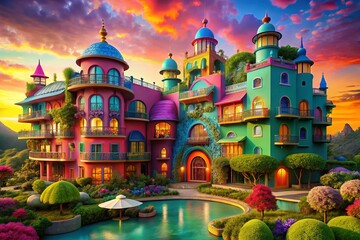 whimsical fantasy hotel Dreamscape surreal colors
