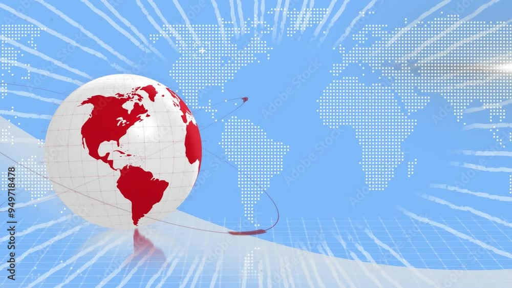 Poster rotating globe with red continents and world map animation on blue background