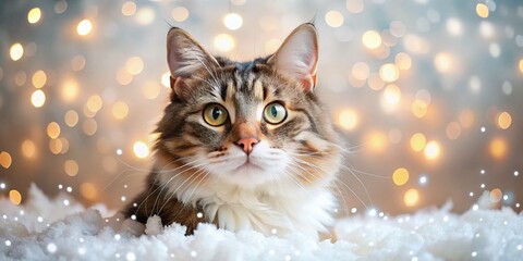 Whimsical festive feline portrait on pure white snowflake background with sparkly lights