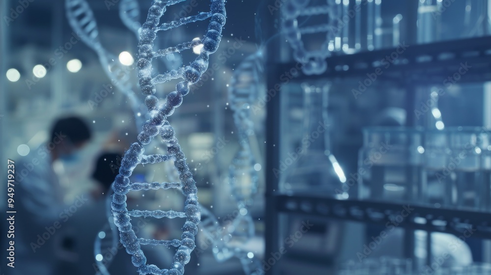 Poster dna helix science lab. a dna helix model against a blurred background of a laboratory setting. symbo