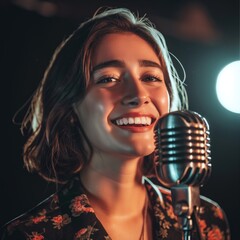 Caucasian singer holds silver microphone to mouth, wearing black dress with white flowers. Dimly lit room emphasizes woman radiant smile and joyful expression.