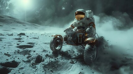 An astronaut navigating a lunar rover across a cratered landscape, with dust clouds rising in the low gravity, the Earth shining brightly in the dark sky above,