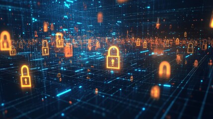A digital representation of cyber insurance coverage, with a network of locks and data streams.