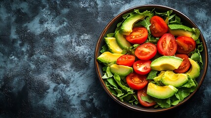 Avocado and fresh tomatoes salad in bowl on gray stone background top view Concept Food For Parties Fast Food Healthy lunch Food delivery in disposable plate of craft paper : Generative AI