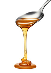 Honey flowing down the spoon. Cropped PNG