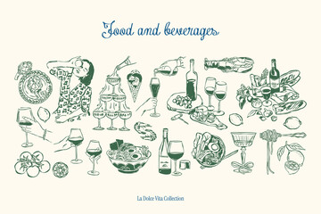 Minimalist hand drawn food and beverages vector illustration collection. Art for greeting cards, wedding invitations, poster design, postcards, branding, logo design. Matisse style doodles.