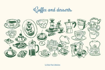 Minimalist hand drawn food and beverages vector illustration collection. Art for greeting cards, wedding invitations, poster design, postcards, branding, logo design. Matisse style doodles.