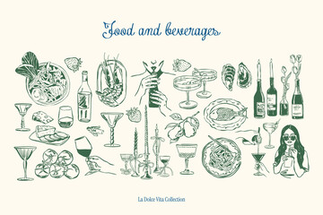Minimalist hand drawn food and beverages vector illustration collection. Art for greeting cards, wedding invitations, poster design, postcards, branding, logo design. Matisse style doodles.