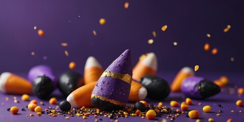 black purple and gold flying candy corn and confetti on a purple solid color background for Halloween.