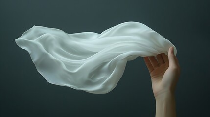 White silk scarf in womans hand floating on the wind on dark grey background Lifestyle Perfect for creating mockup for your own textile design or seamless pattern : Generative AI