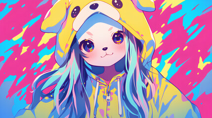 Naklejka premium cute dog character wearing anime onesie costume, anime style, cute kawaii, simple, smiling happy. neon psychedelic background