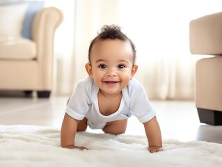 Fototapeta premium Caucasian baby boy crawls on carpeted floor in home environment. He is wrapped in a blanket, smiling and happy. The child clothes are simple, yet endearing.