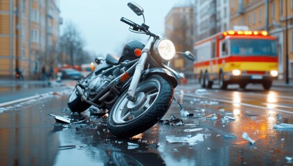 Close-up of a broken motorcycle on an empty street with emergency vehicles