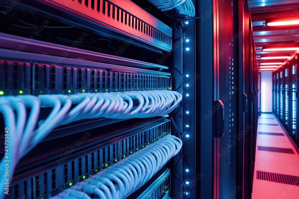 Poster network server room with multiple racks of servers in rows. white cables and black connectors adorn 